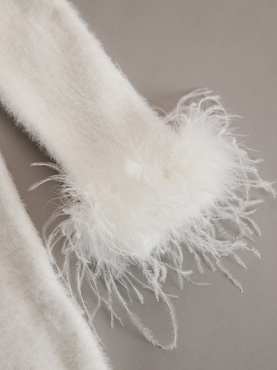 White Mohair V-neck Button Imitation Ostrich Feather Midi Dress  - By Qivii