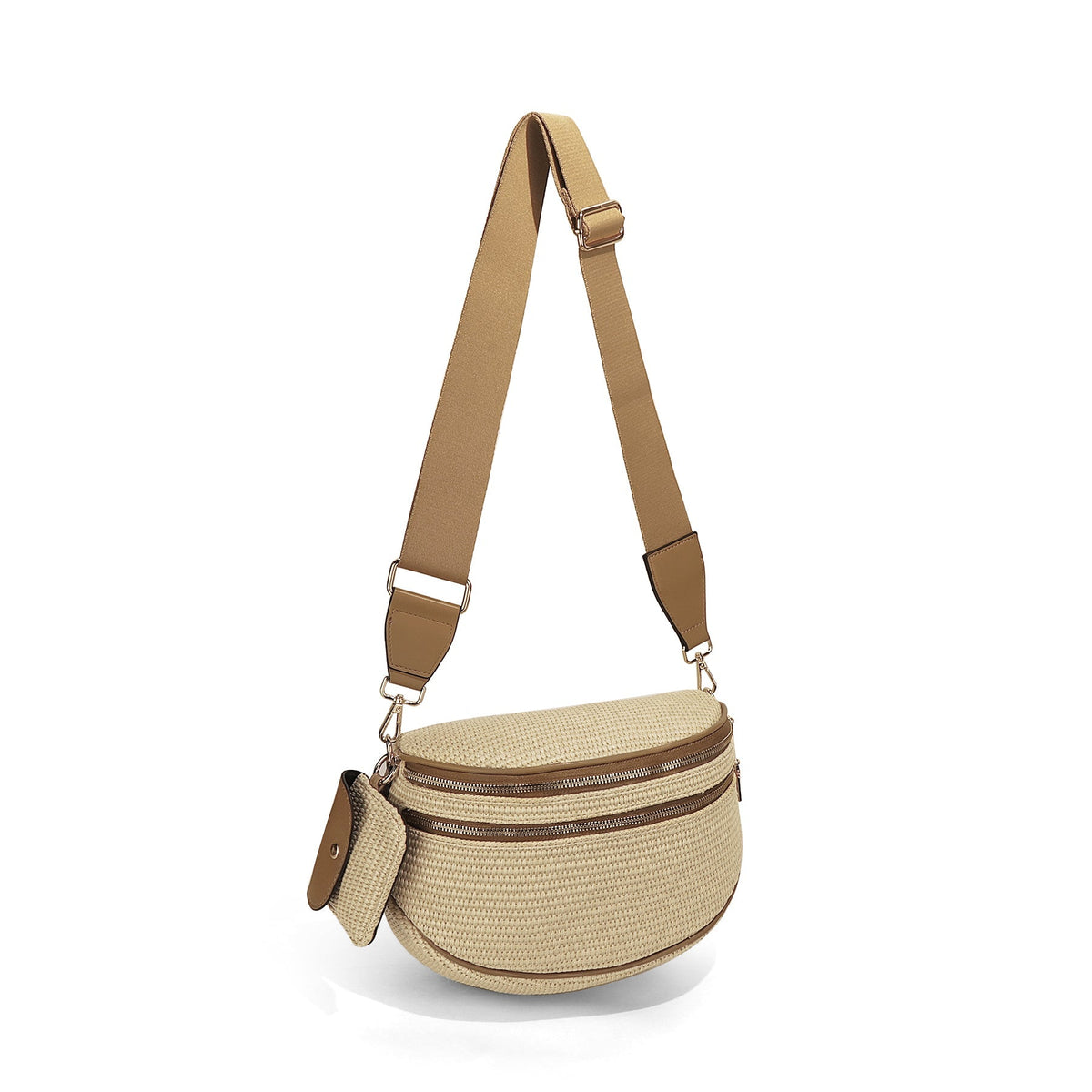 Ounamei Woven Straw Crossbody Bum Bag for Women Large Capacity Summer Belt Bag with Mini Pouch