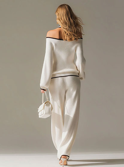 Elegant Color-blocked White Halter-neck Long-sleeved Knit Top And Pants Set  - By Qivii