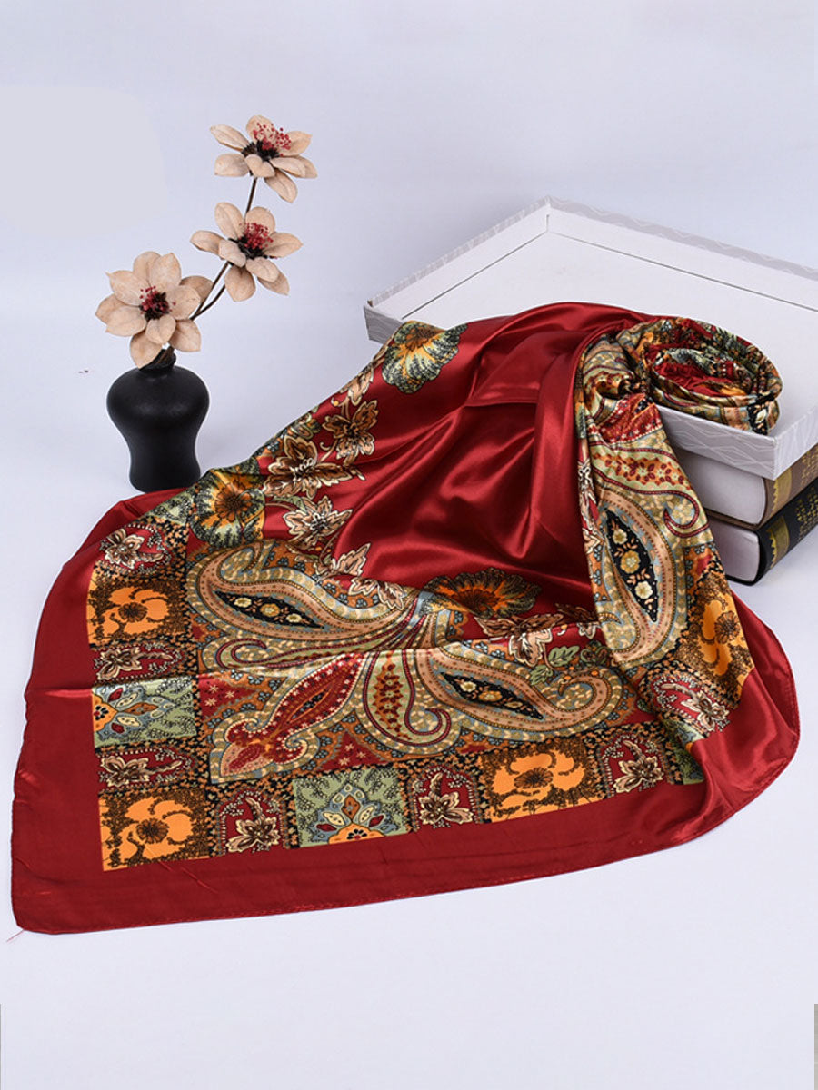 Vintage Bohemian Paisley Print Satin Square Scarf  - By Qivii
