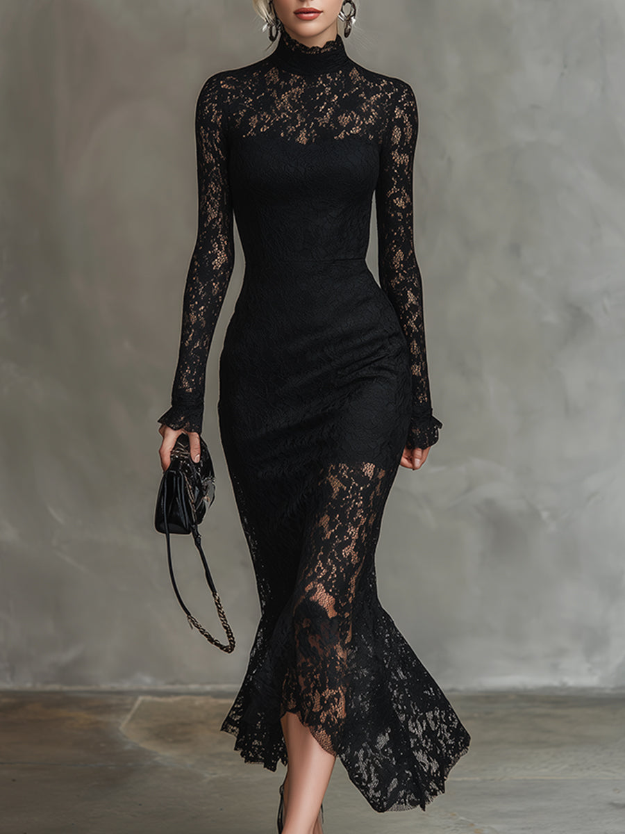 Elegant Party Black Stretch Lace Fishtail Maxi Dress  - By Qivii
