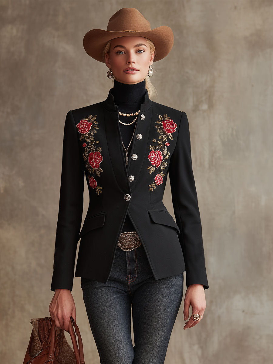 Stand Collar Single-breasted Rose Embroidered Woolen Blazer  - By Qivii