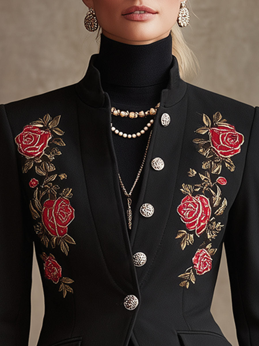 Stand Collar Single-breasted Rose Embroidered Woolen Blazer  - By Qivii