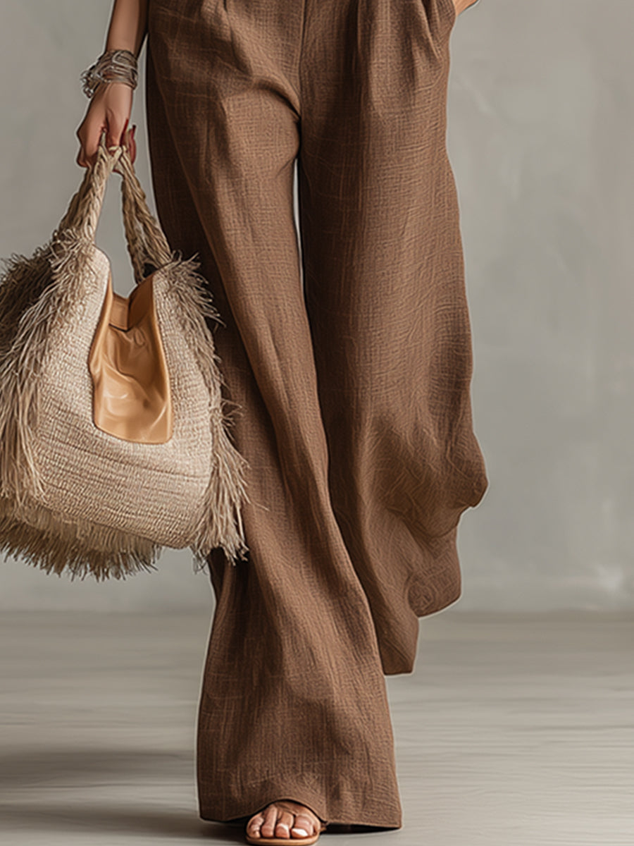 Classic Piped Brown Cotton And Linen Vest And Wide-leg Trousers Set  - By Qivii