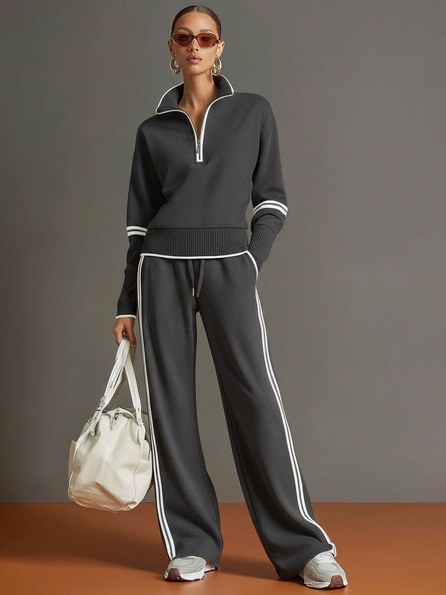 Retro Sporty Webbing Grey-white Half-zip Sweatshirt And Wide-leg Pants Set  - By Qivii