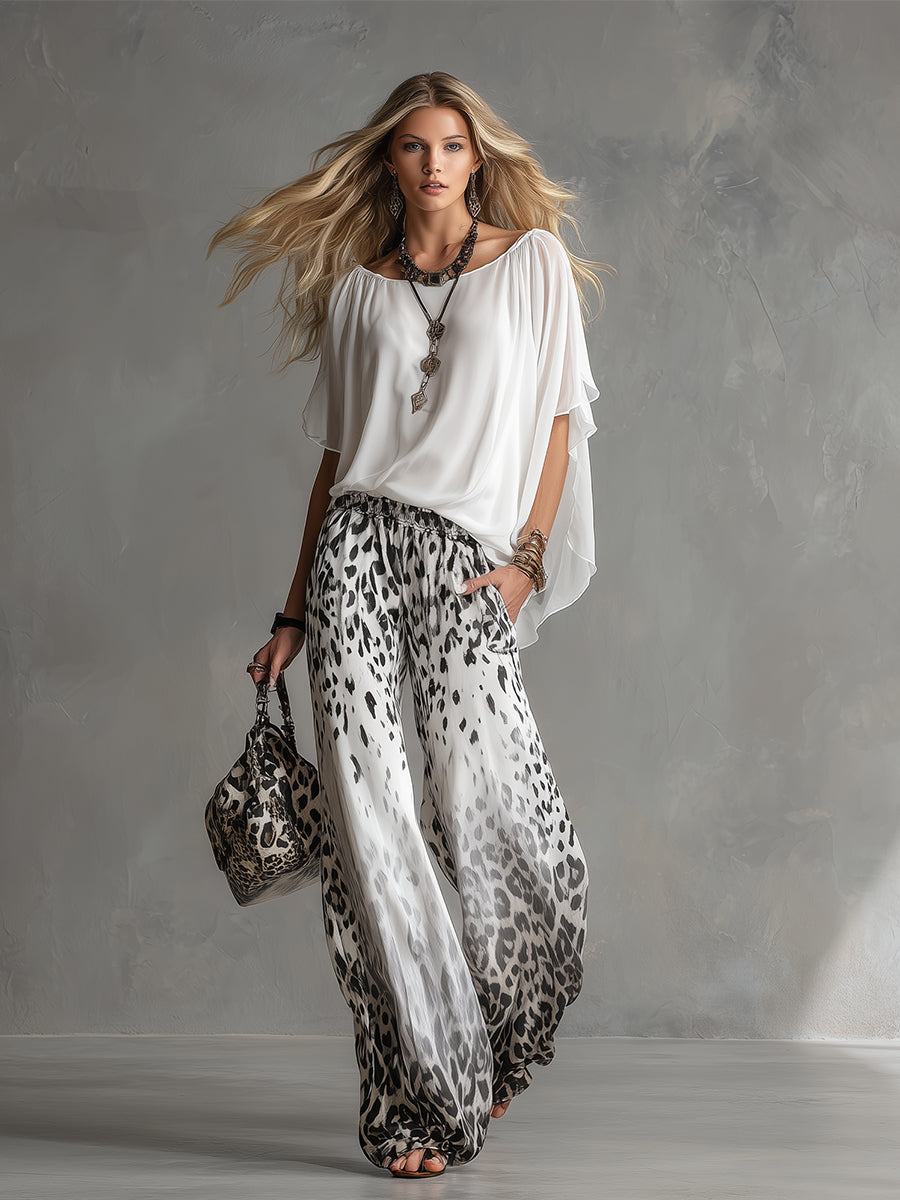 Modern And Stylish White T-shirt And Leopard Print Chiffon Pants Set  - By Qivii