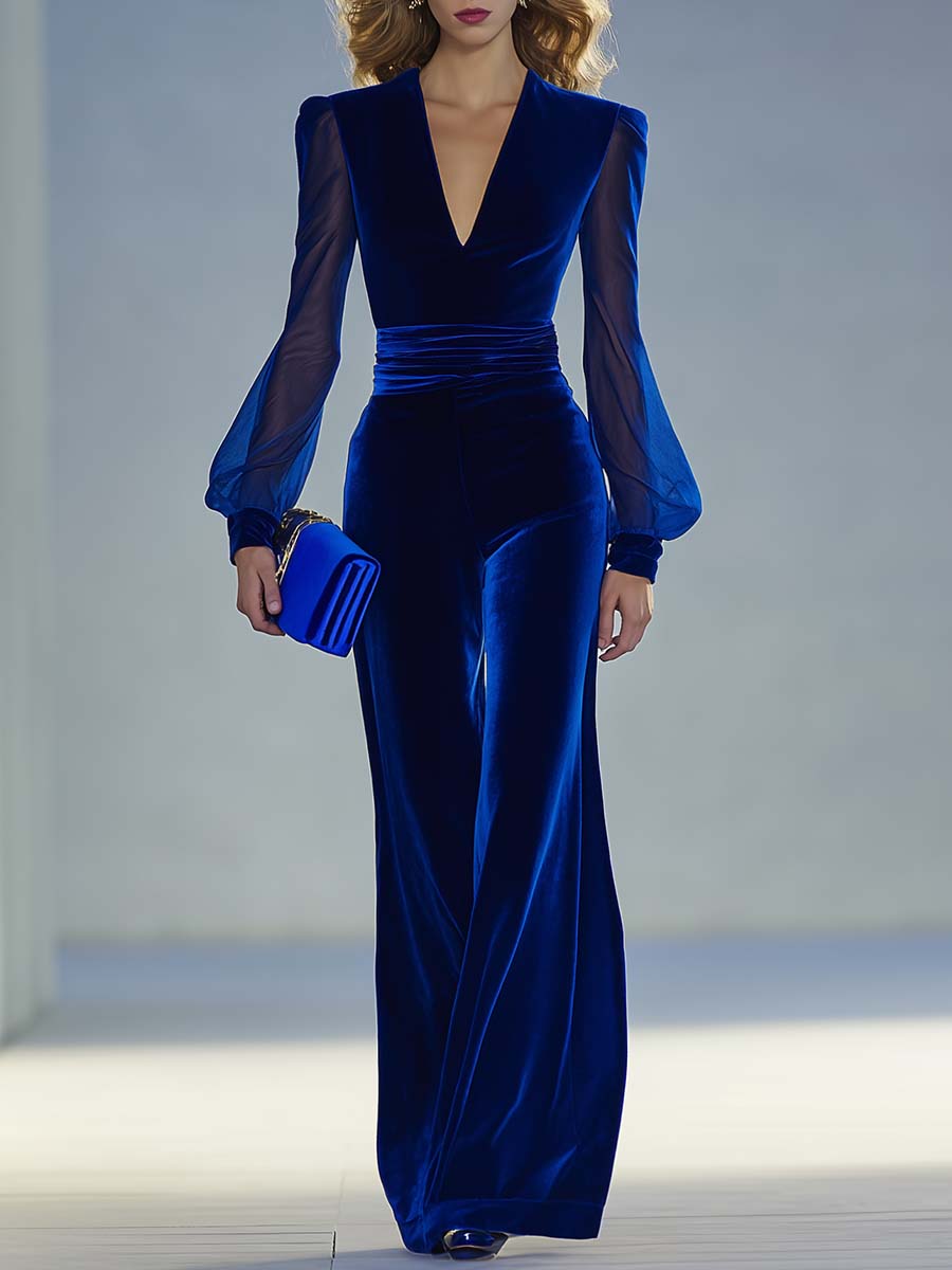 Vintage Elegant And Exquisite V-neck Mesh Long-sleeved Royal Blue Velvet Jumpsuit  - By Qivii