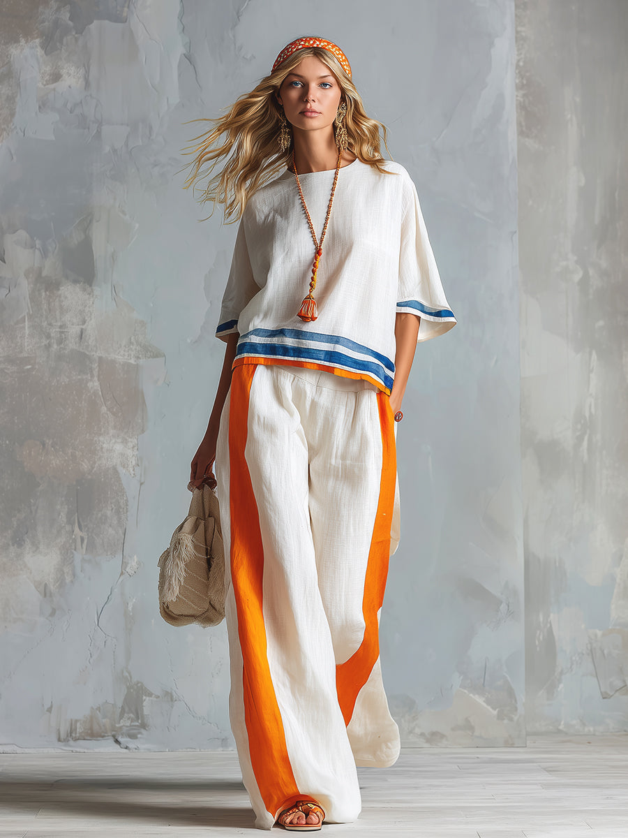 Casual Urban Style Contrast-Trimmed White T-Shirt & Wide-Leg Pants Cotton-Linen Set  - By Qivii