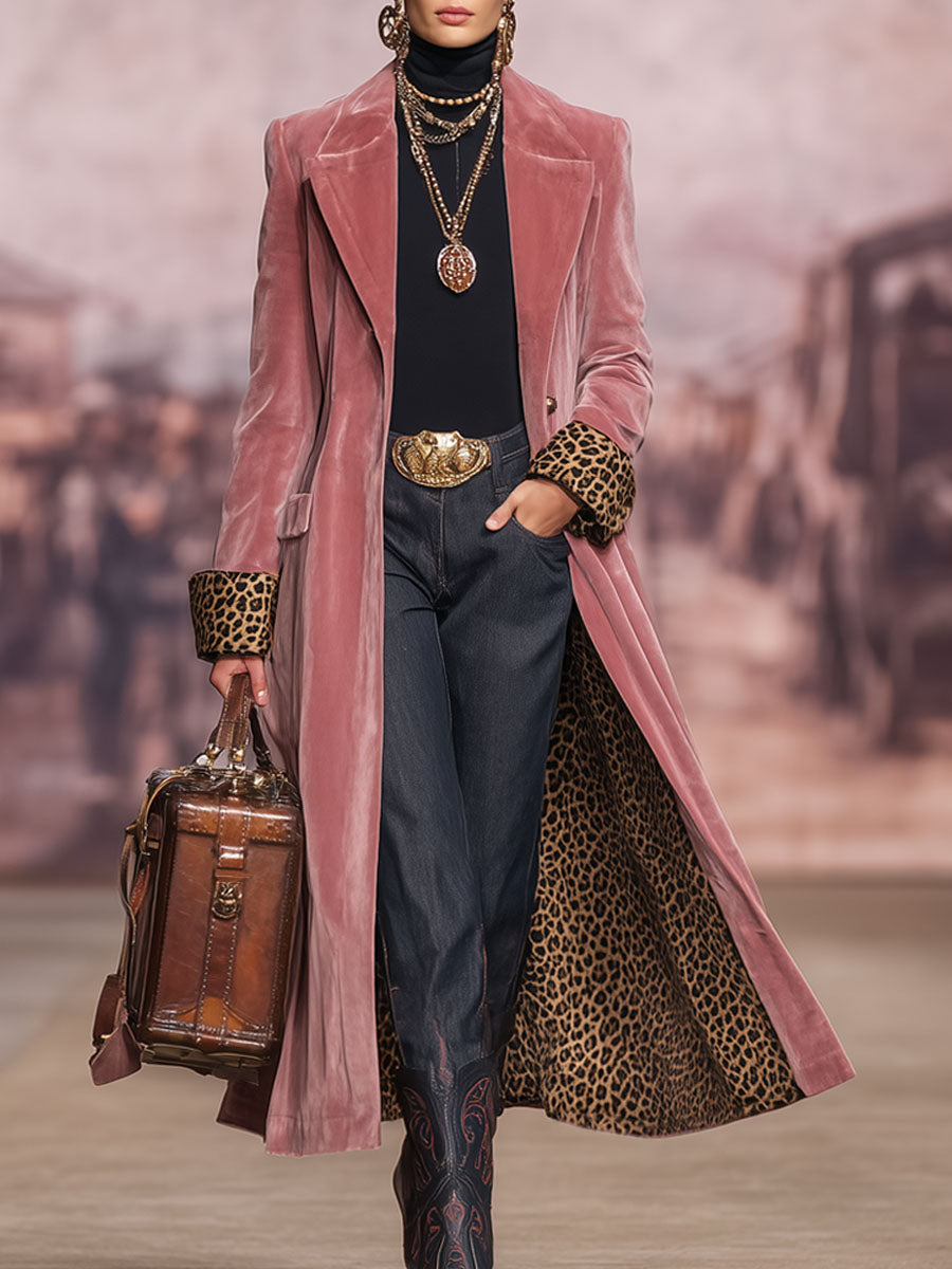 Lapel Single-breasted Velvet And Leopard Print Coat  - By Qivii