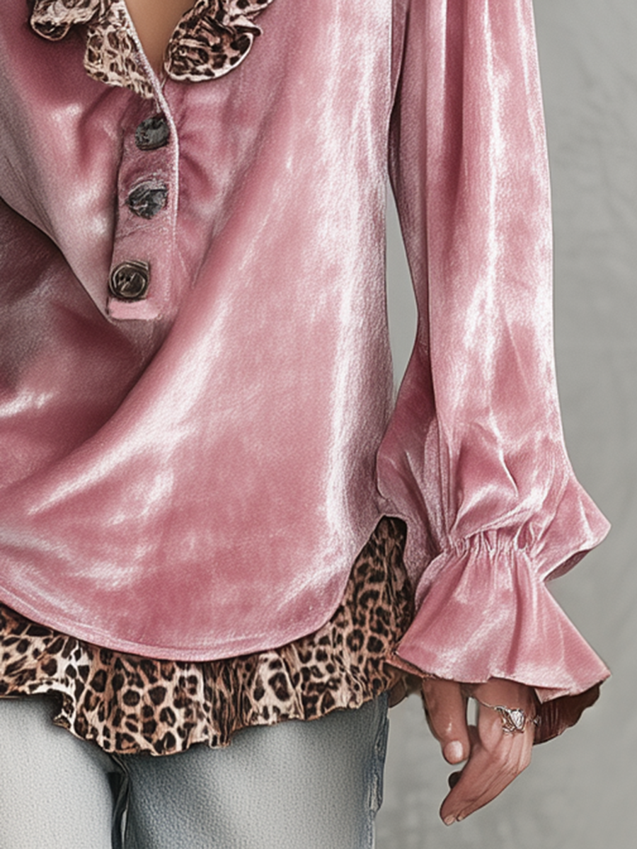 Retro V-neck Leopard Print Ruffled Hem Velvet Shirt  - By Qivii