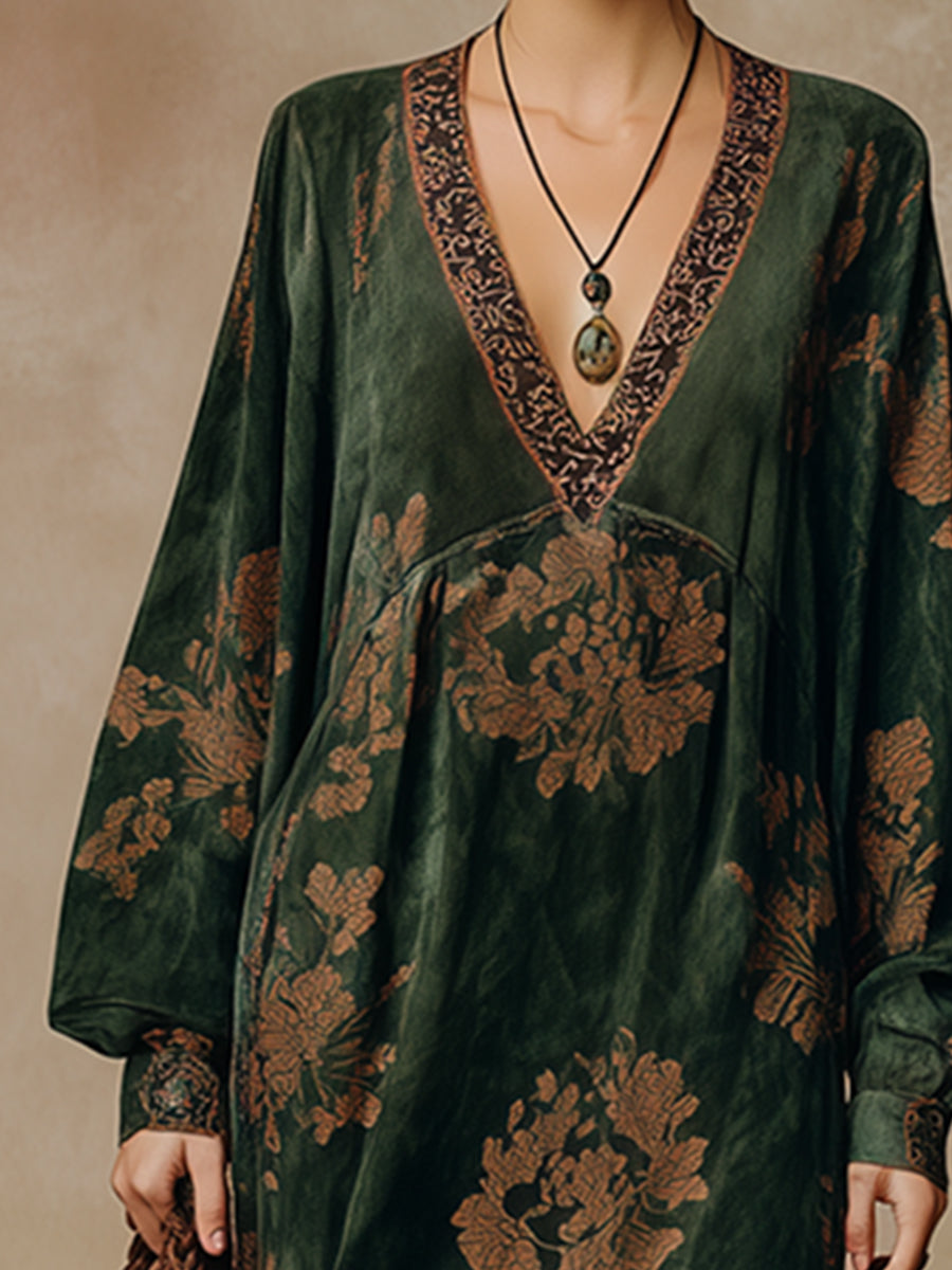 Retro Silhouette Printed Green Faux Suede Tassel Maxi Dress  - By Qivii