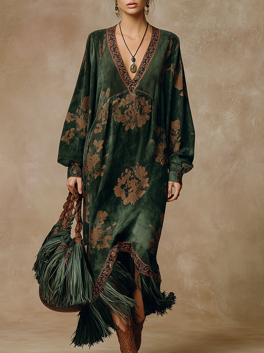 Retro Silhouette Printed Green Faux Suede Tassel Maxi Dress  - By Qivii