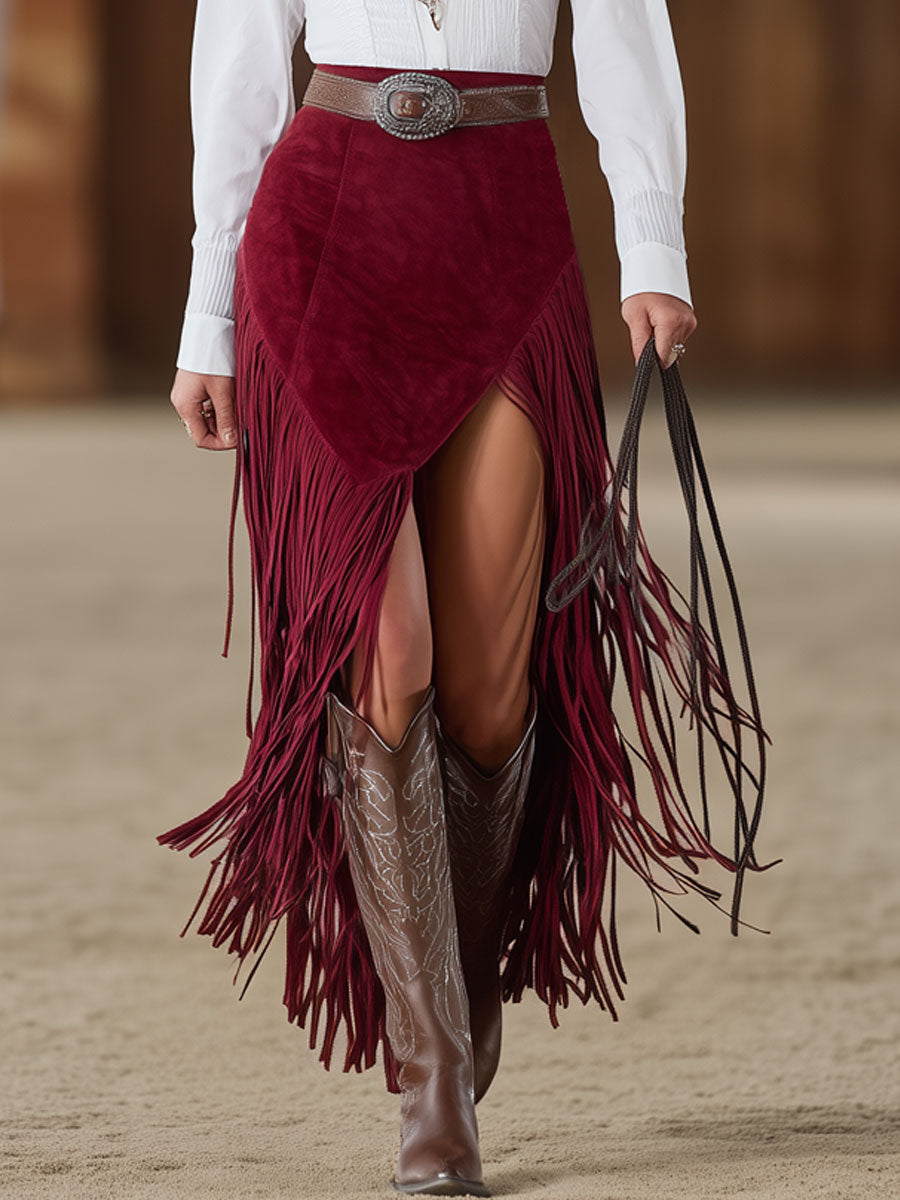 Western Retro Red Faux Suede Slit Fringe Midi Skirt  - By Qivii