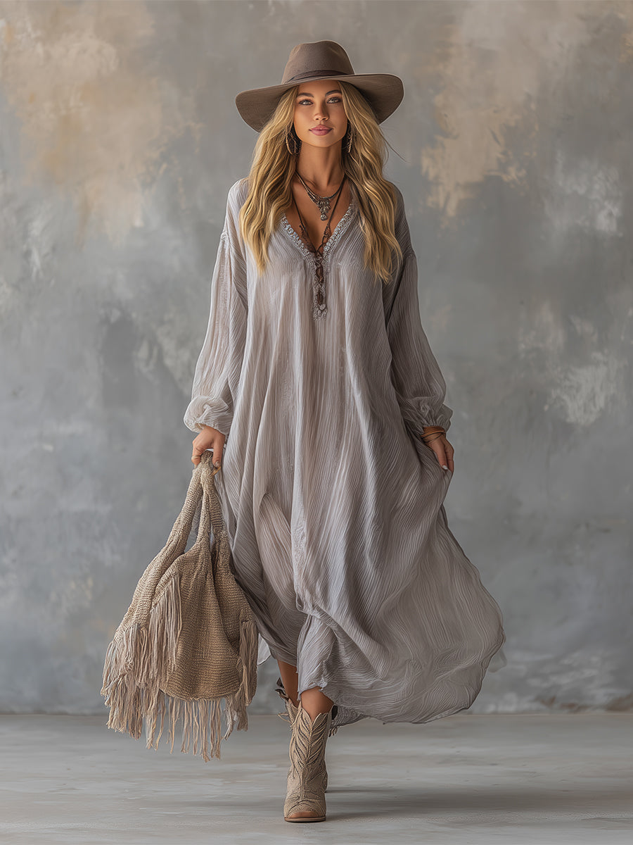 Lazy And Elegant V-neck Light Gray Crinkled Chiffon Maxi Dress  - By Qivii