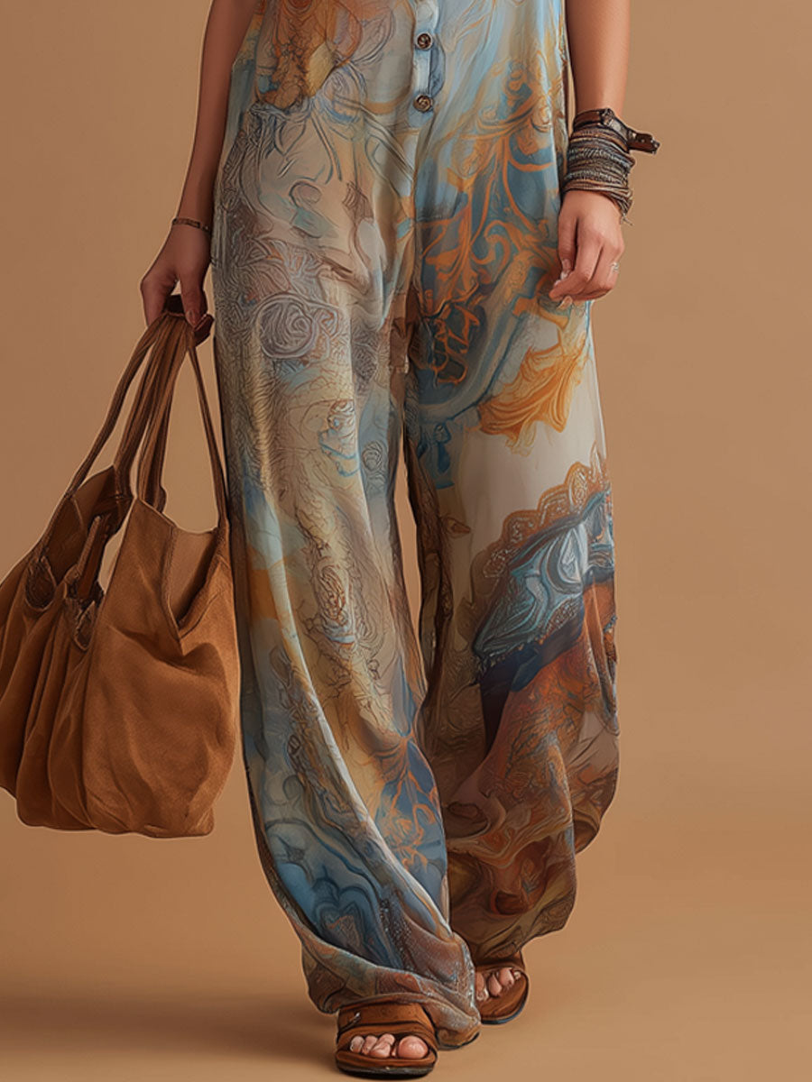 Vacation Retro Bohemian Print Chiffon Sleeveless Wide-Leg Jumpsuit  - By Qivii