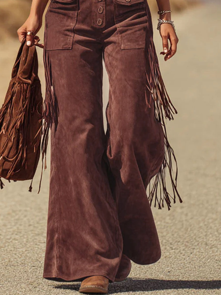 Brown Micro-suede Pocket Tassel Wide-leg Overalls  - By Qivii