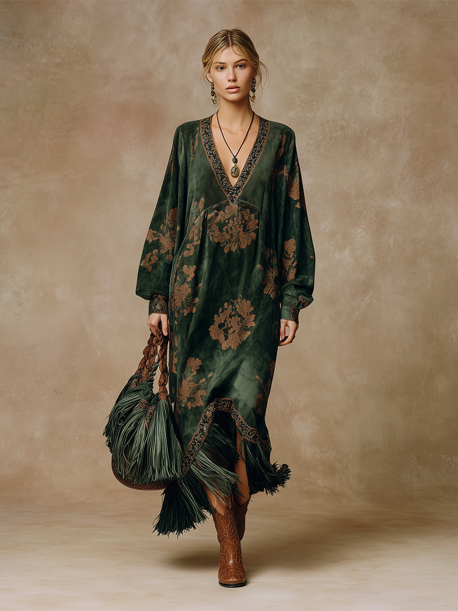 Retro Silhouette Printed Green Faux Suede Tassel Maxi Dress  - By Qivii