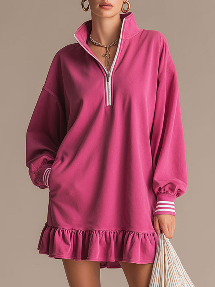 Sporty Retro Pink Cotton Half-Zip Ruffle Sweatshirt Mini Dress  - By Qivii