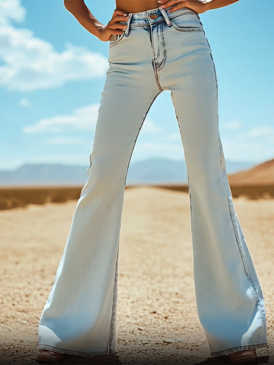 Vintage Back Pocket Star Embroidery Denim Flared Pants - By Qivii