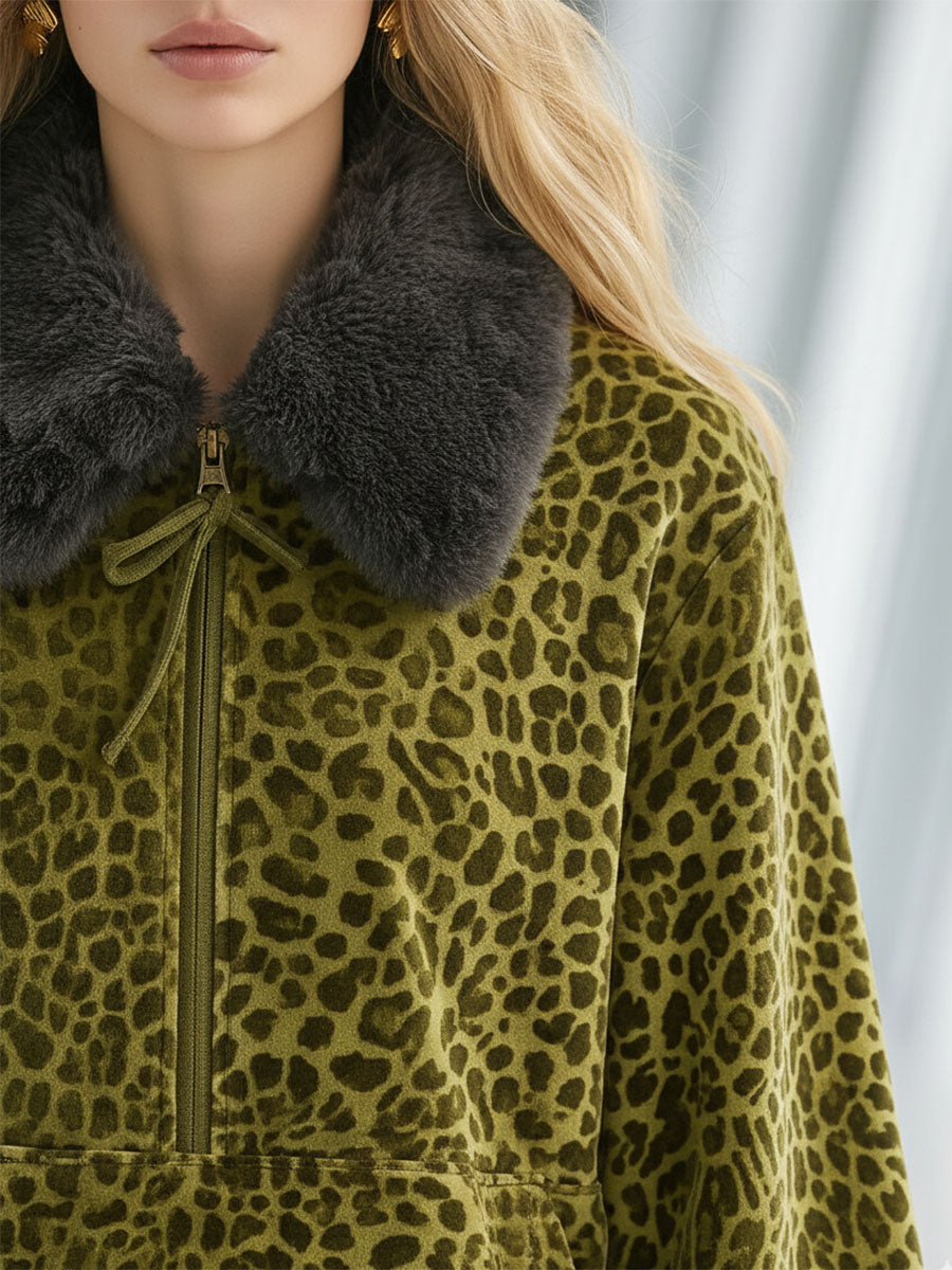High-end Fashionable Leopard Print Velvet Faux Fur Collar Sweatshirt Wide-leg Pants Suit  - By Qivii