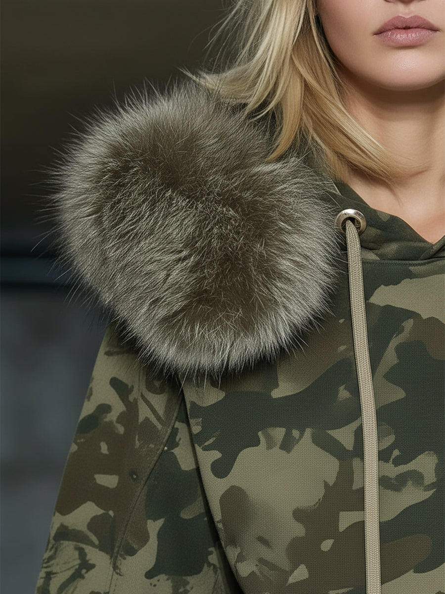Casual And Fashionable Camouflage Print Faux Fur Collar Sweatshirt And Wide-leg Pants Suit  - By Qivii