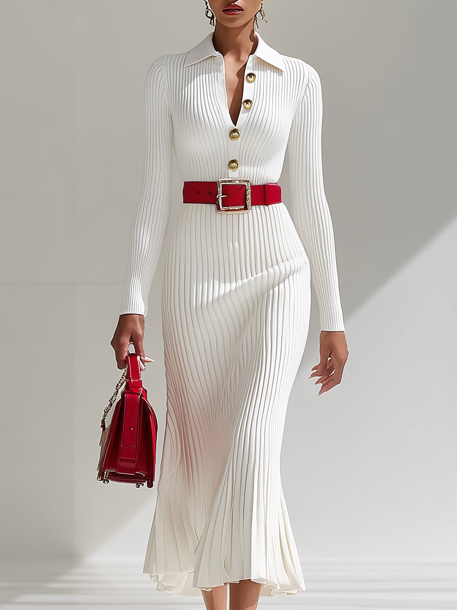 White Wool Lapel Button Design Maxi Dress - By Qivii