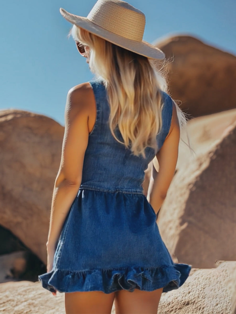 Fashionable Denim Ruffle Sleeveless Button Mini Dress - By Qivii
