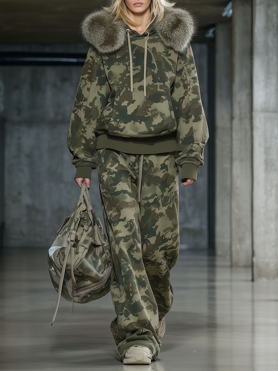 Casual And Fashionable Camouflage Print Faux Fur Collar Sweatshirt And Wide-leg Pants Suit  - By Qivii