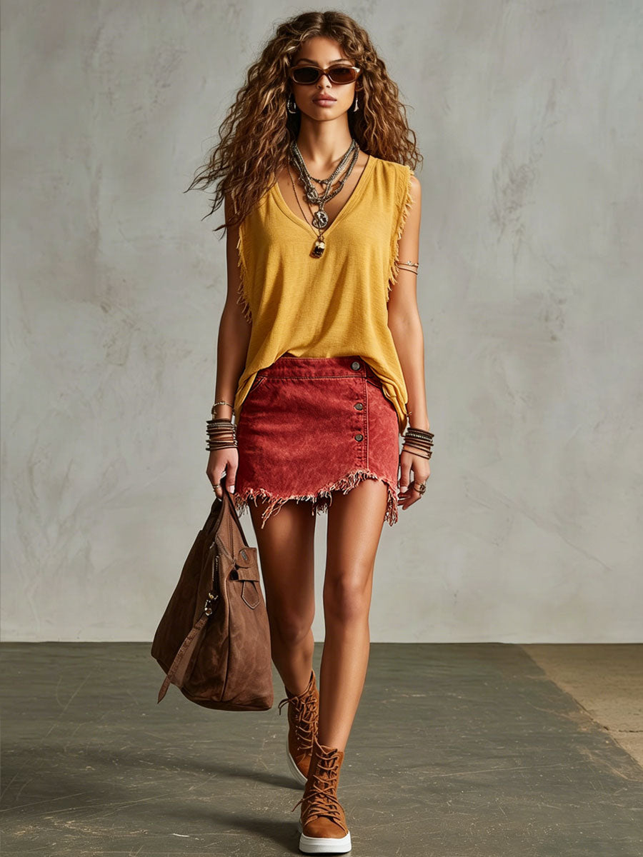 Western Retro Frayed Camel Denim Mini Skirt And Shorts  - By Qivii