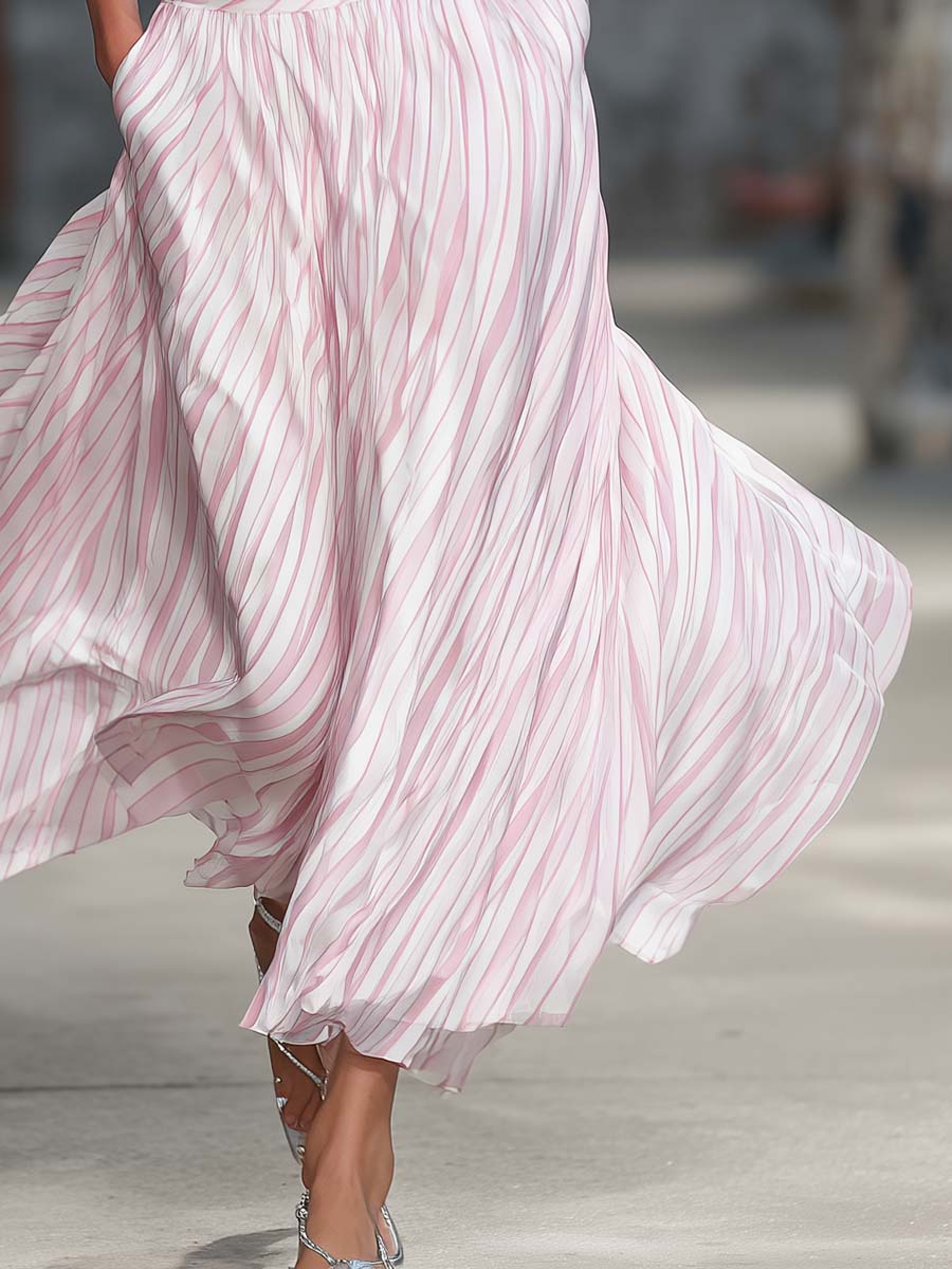 Elegant Retro Flowy Pink Striped Chiffon Skirt  - By Qivii