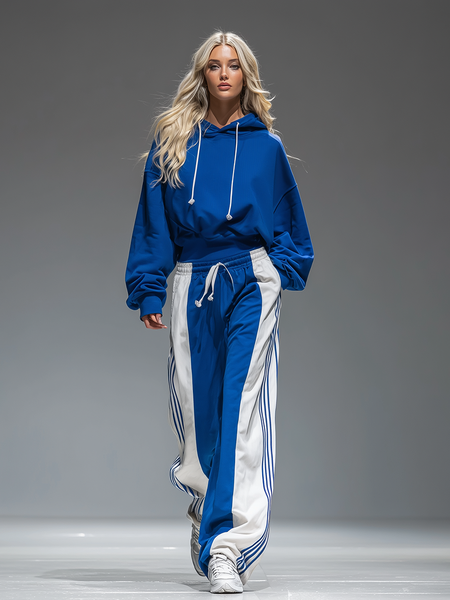Retro Sporty Hoodie And Striped Wide-leg Pants Set  - By Qivii