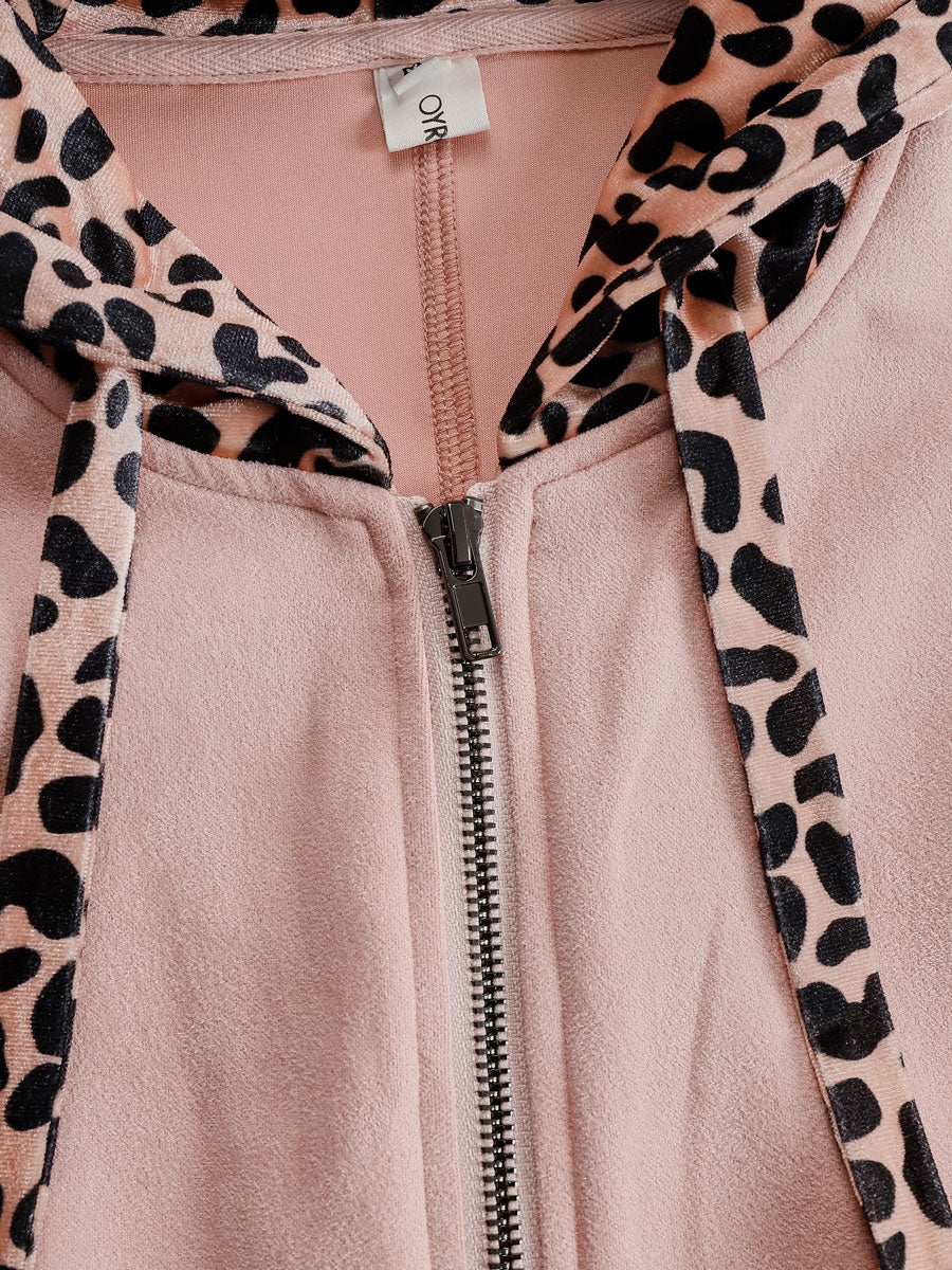 Western Retro Pink Faux Suede Sleeveless Leopard Print Hooded Wide-Leg Jumpsuit  - By Qivii