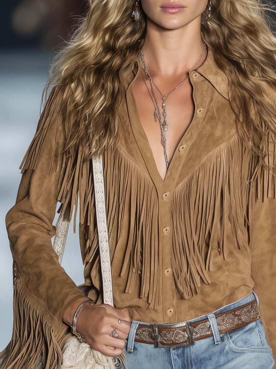 Casual Vintage Western Button Front Tassel Long Sleeve Light Brown Fuax Suede Shirt Top  - By Qivii