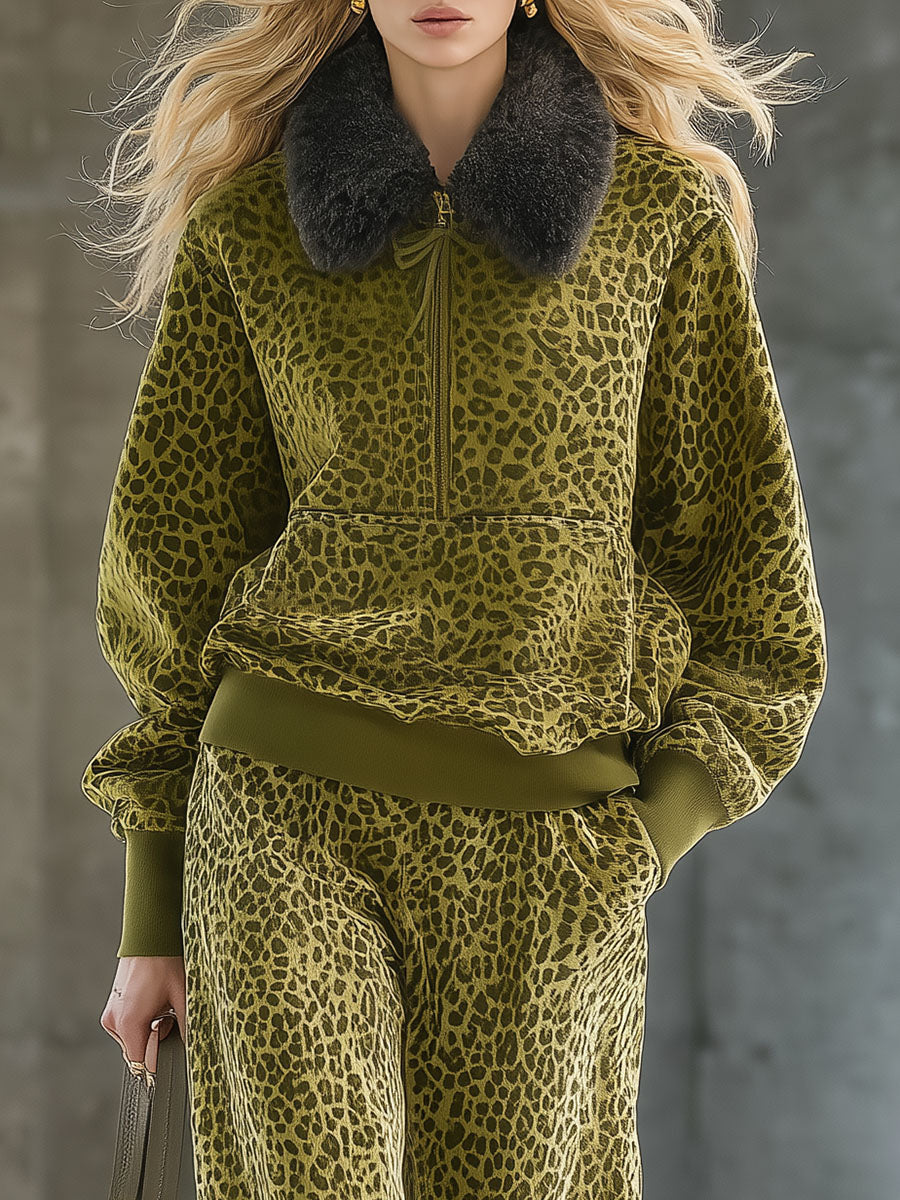 High-end Fashionable Leopard Print Velvet Faux Fur Collar Sweatshirt Wide-leg Pants Suit  - By Qivii