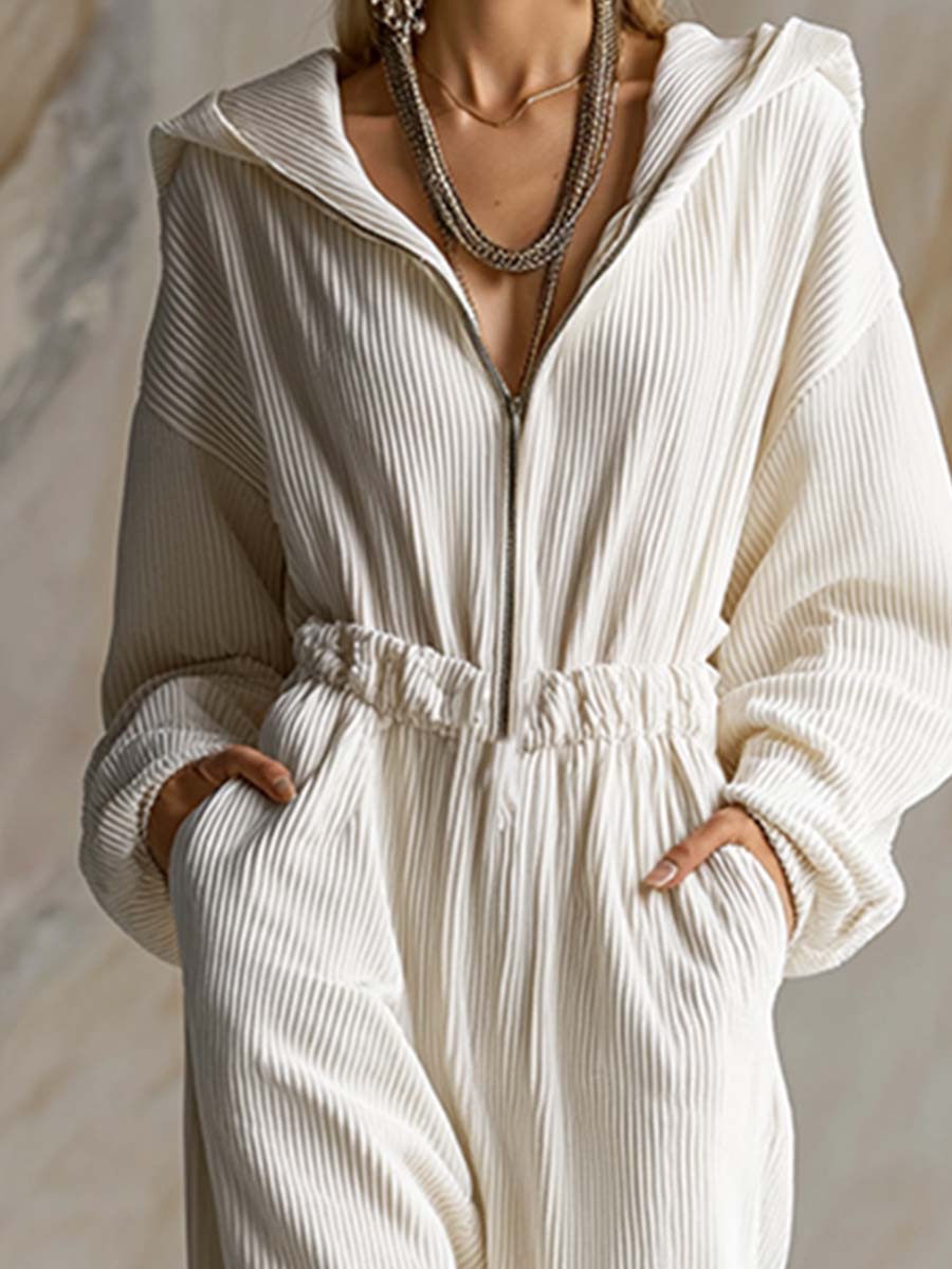 Casual Loose Fashionable White Corduroy Hooded Front Zipper Long Sleeve Jumpsuit  - By Qivii