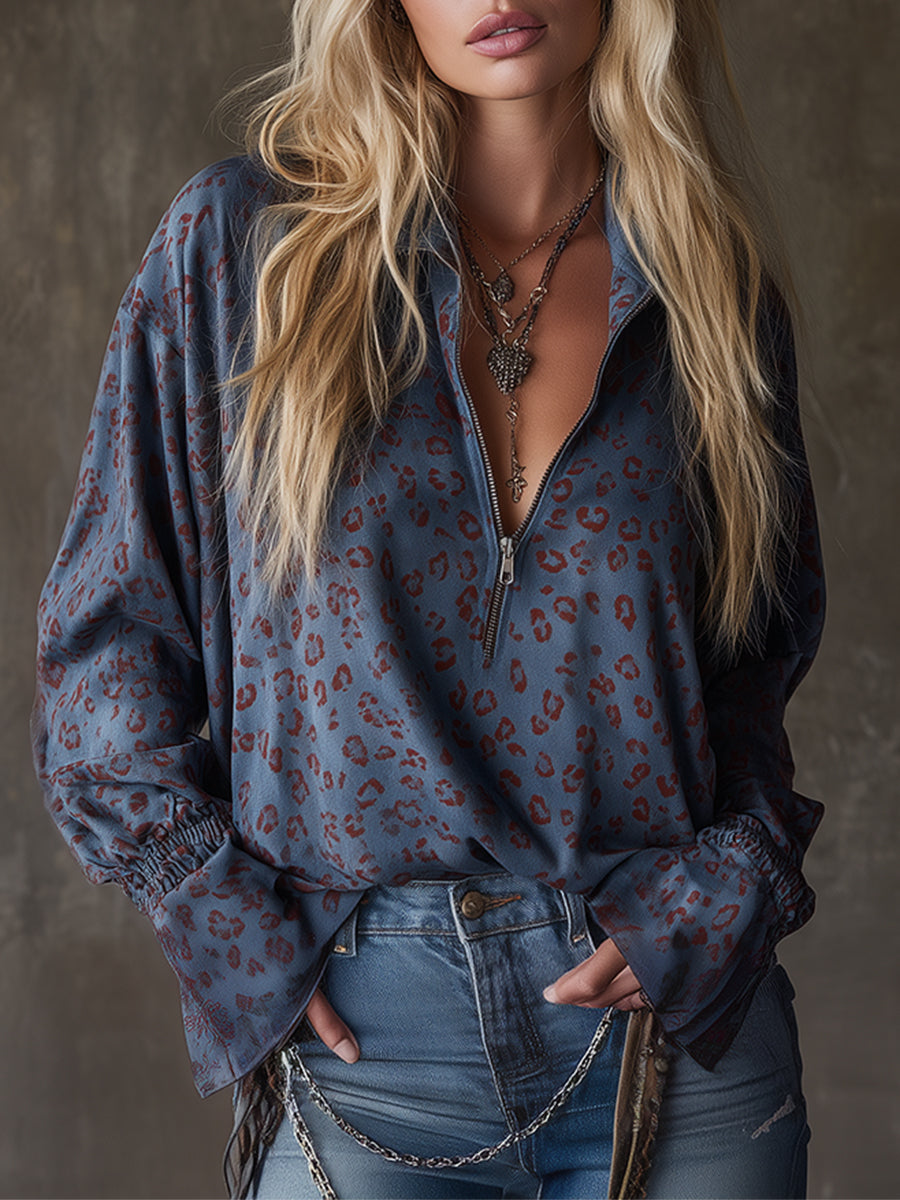 Western-style Casual Leopard Print Blue Faux Suede Shirt  - By Qivii