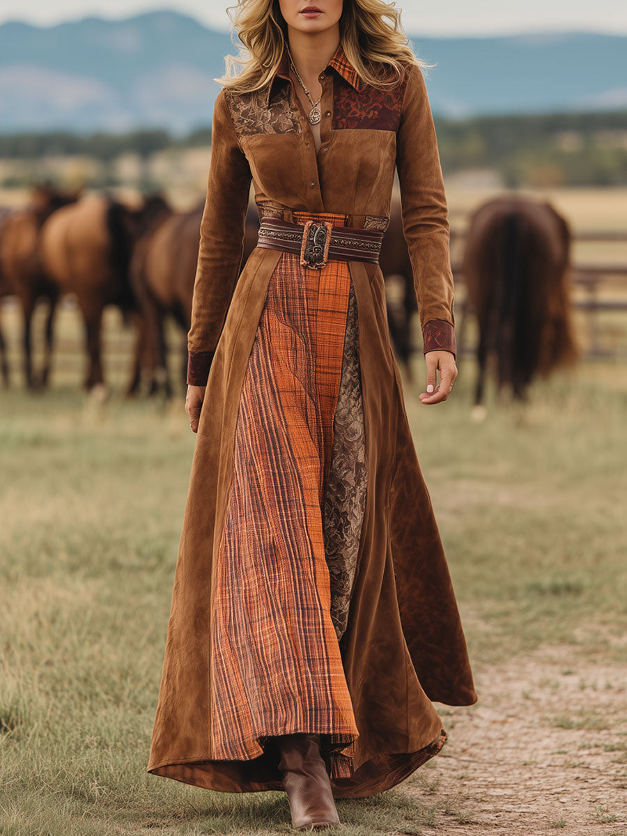Western Retro Lace-Up Plaid Patchwork Caramel Faux Suede Maxi Dress  - By Qivii