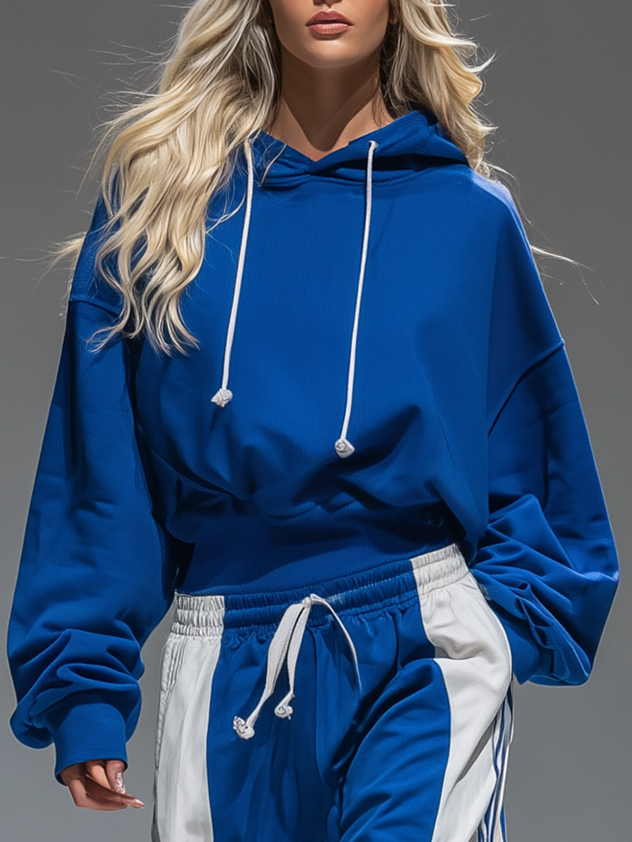 Retro Sporty Hoodie And Striped Wide-leg Pants Set  - By Qivii