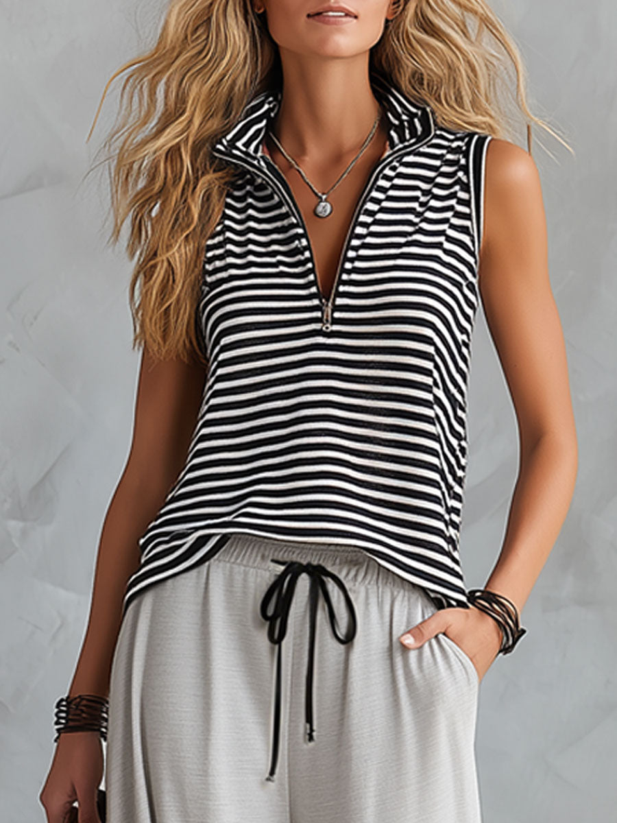 Sporty Retro Black And White Striped Half-Zip Sleeveless T-Shirt And Wide-Leg Pants Set  - By Qivii