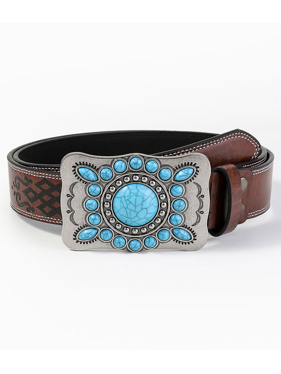 Casual Vintage Gem Flower Decorated PU Leather Belt  - By Qivii