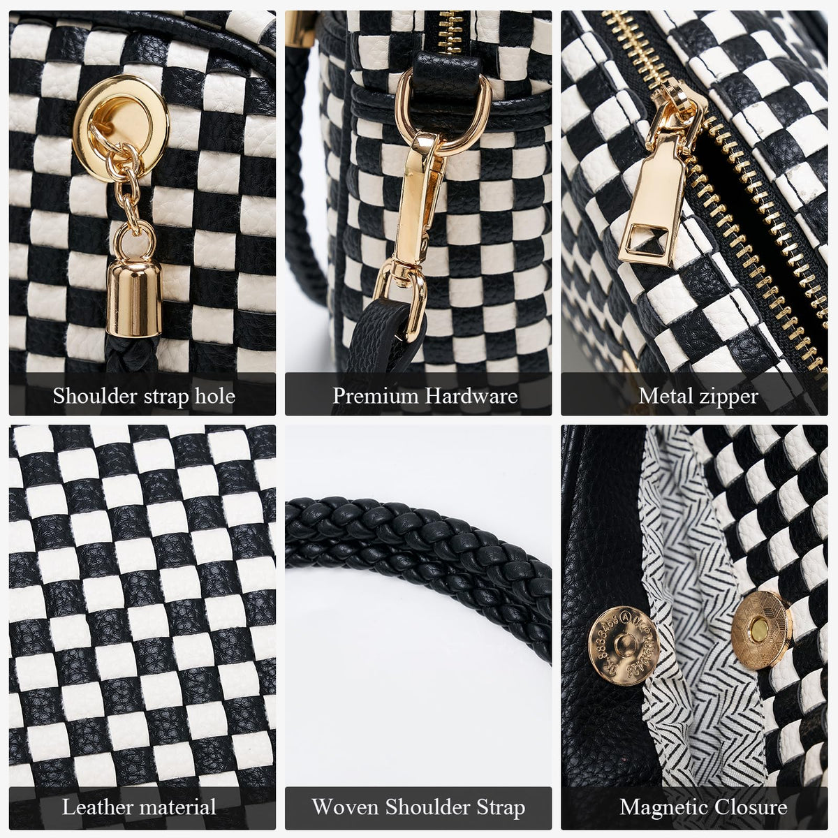 Ounamei Chic Checkered Woven Handbag Top Handle Crossbody Shoulder Bag Vegan Leather