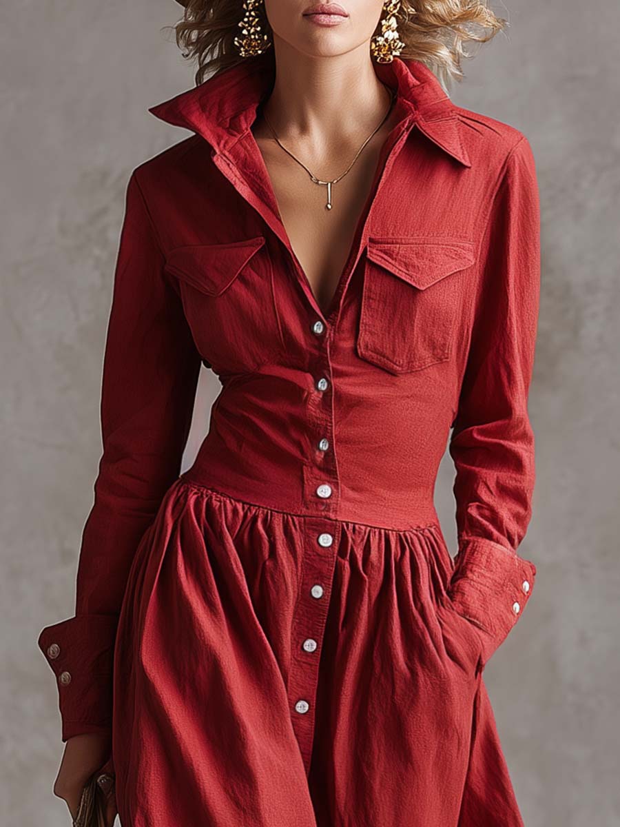Exquisite Retro Western Lapel Front Button Red Windbreaker Style Cotton And Linen Maxi Dress  - By Qivii