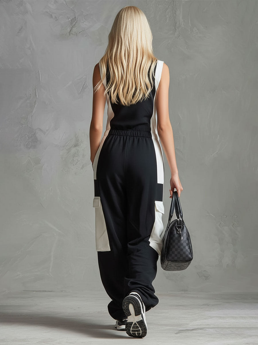 Casual Retro Sporty Black And White Color-blocked V-neck Half-zip Jumpsuit  - By Qivii