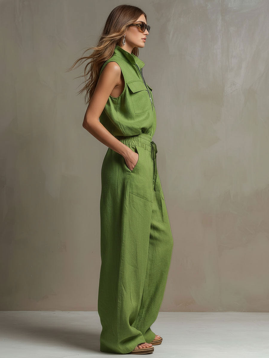 Casual Retro Green Cotton Linen Sleeveless Zip-up Shirt And Wide-leg Pants Set  - By Qivii
