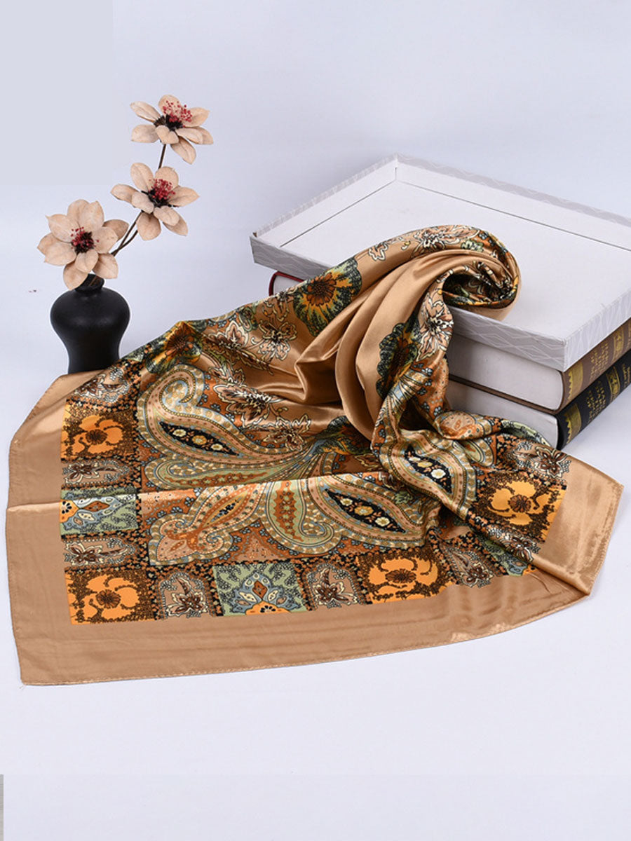 Vintage Bohemian Paisley Print Satin Square Scarf  - By Qivii