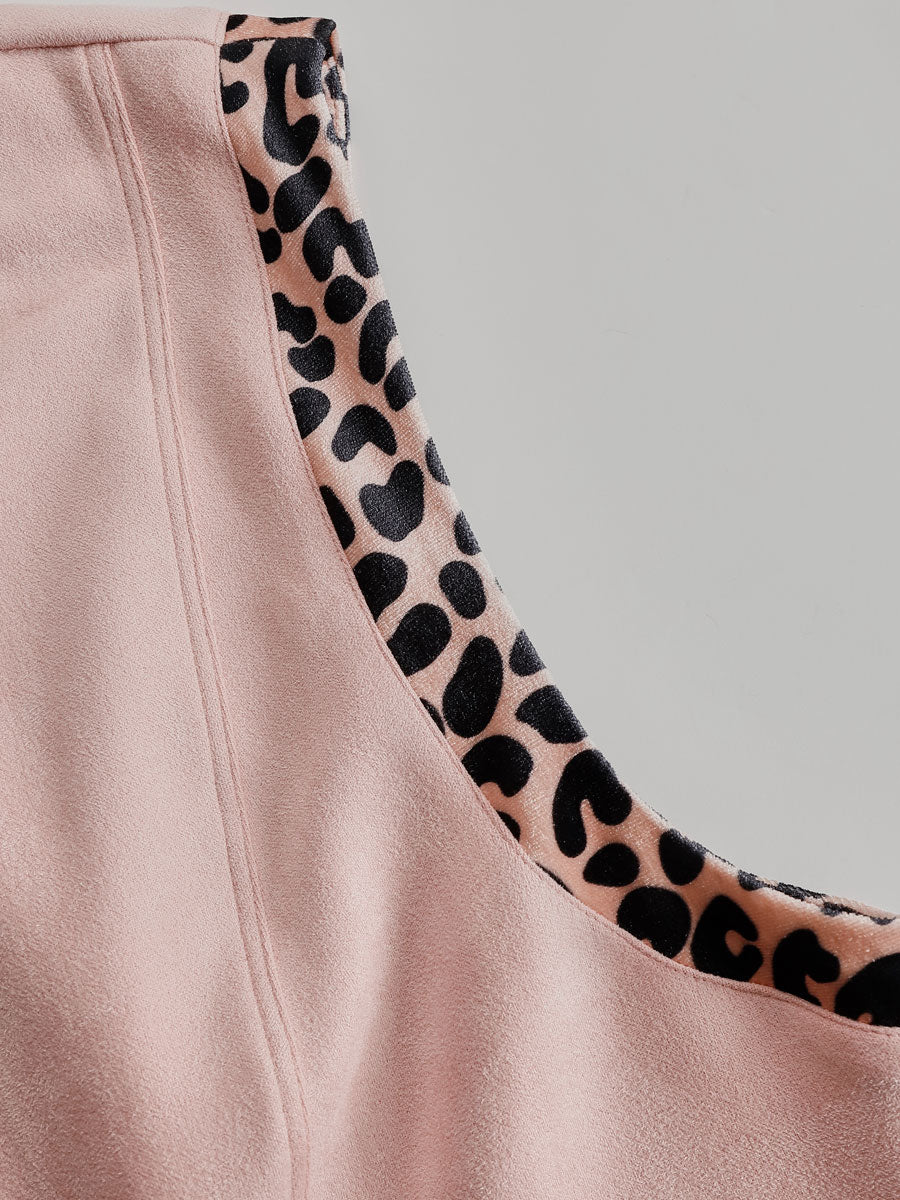Western Retro Pink Faux Suede Sleeveless Leopard Print Hooded Wide-Leg Jumpsuit  - By Qivii