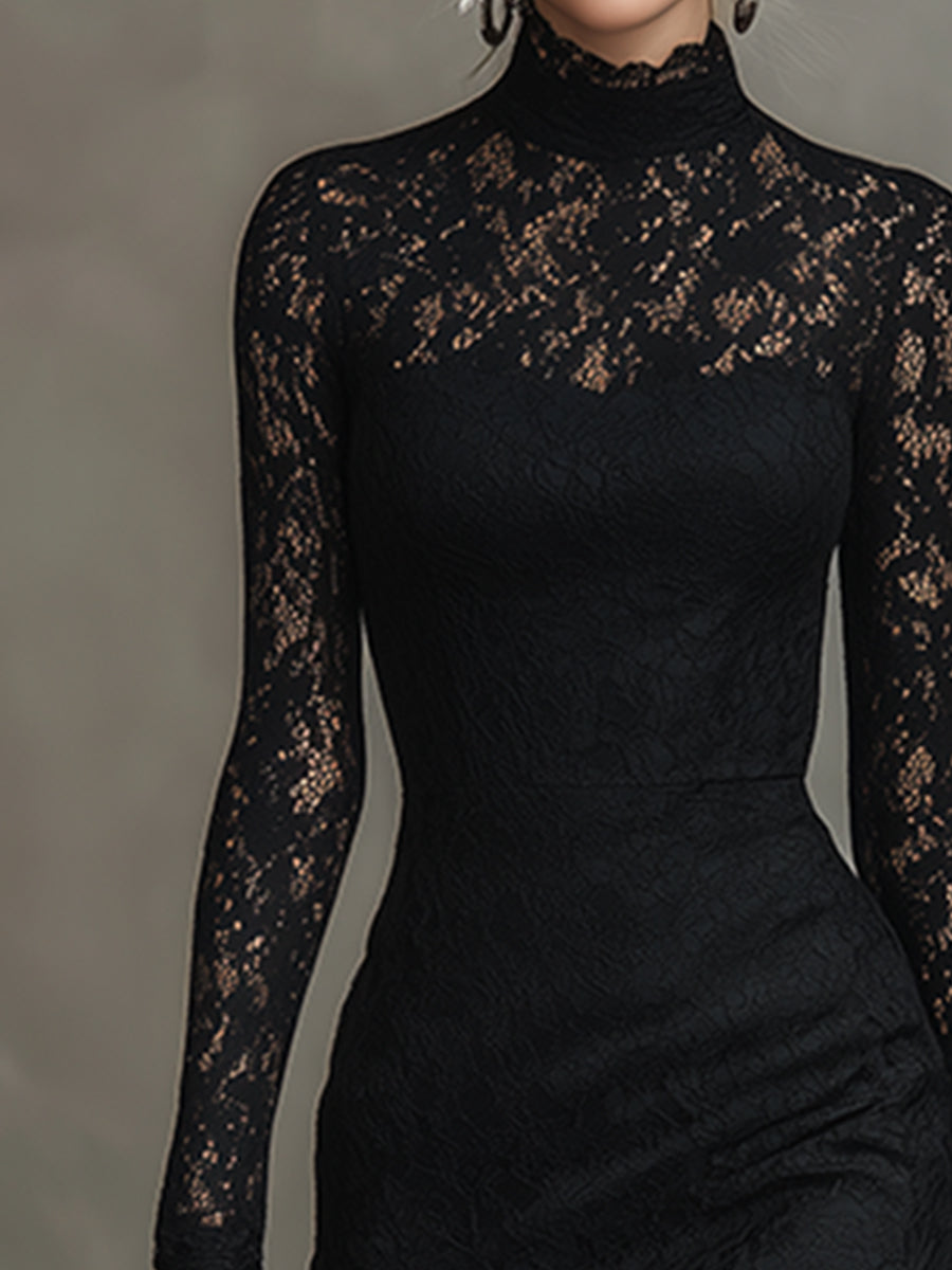Elegant Party Black Stretch Lace Fishtail Maxi Dress  - By Qivii