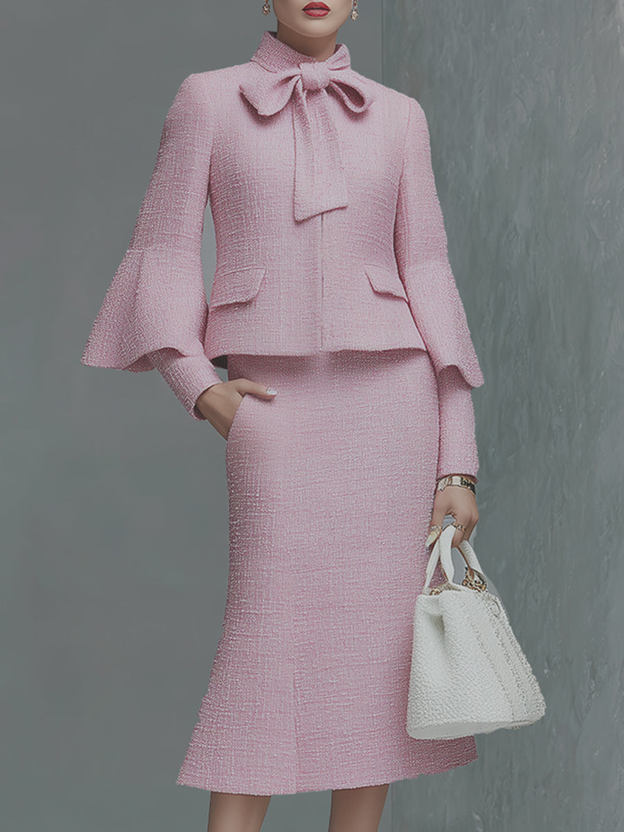 Elegant Neckline Bow Tie Trumpet Sleeve Jacket Skirt Tweed Set  - By Qivii