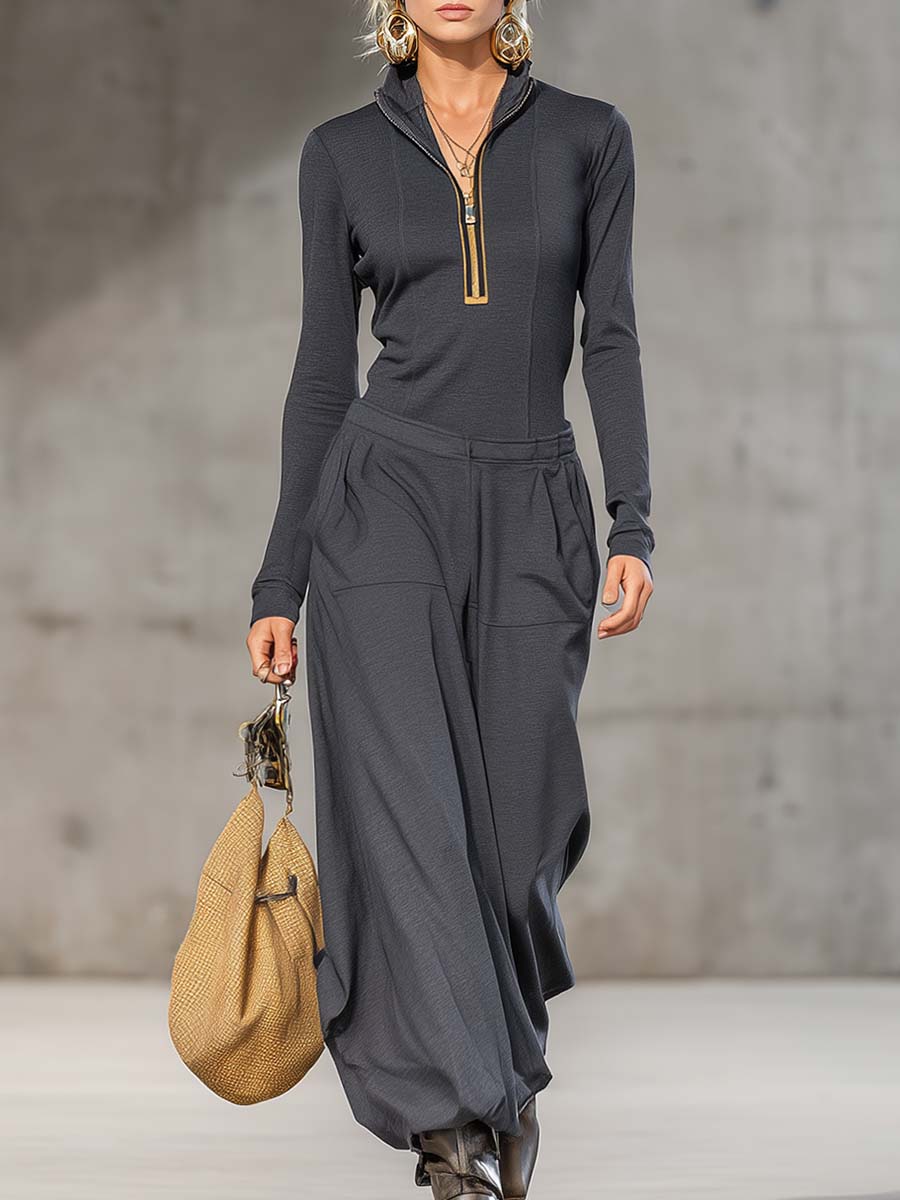 Casual Retro Sports Dark Gray Half-high Collar Front Zipper Long-sleeved Top And Wide Pants Set  - By Qivii
