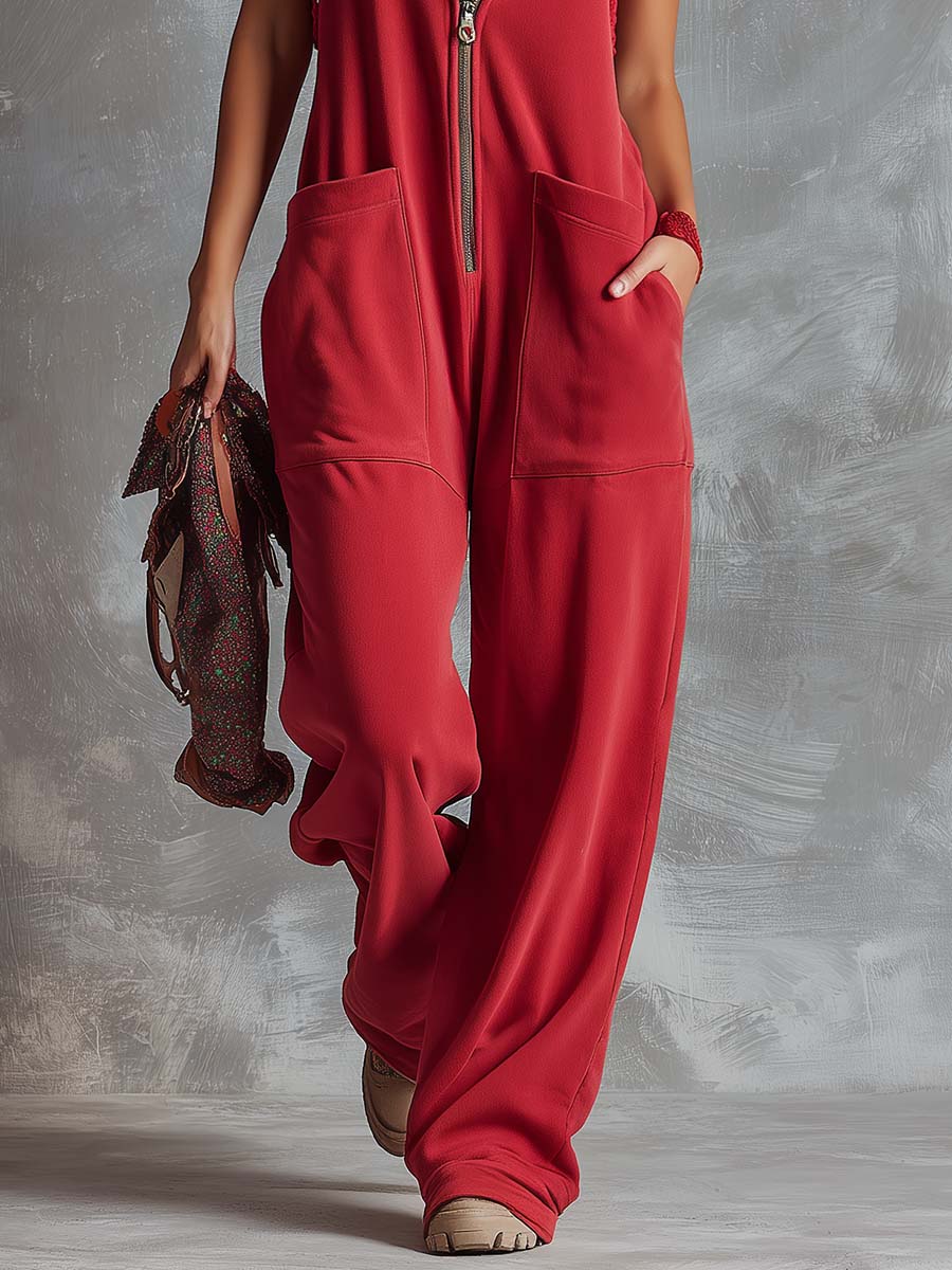 Retro Fashiona Sporty Hooded V-neck Front Zipper Raspberry Red Cotton Jumpsuit  - By Qivii
